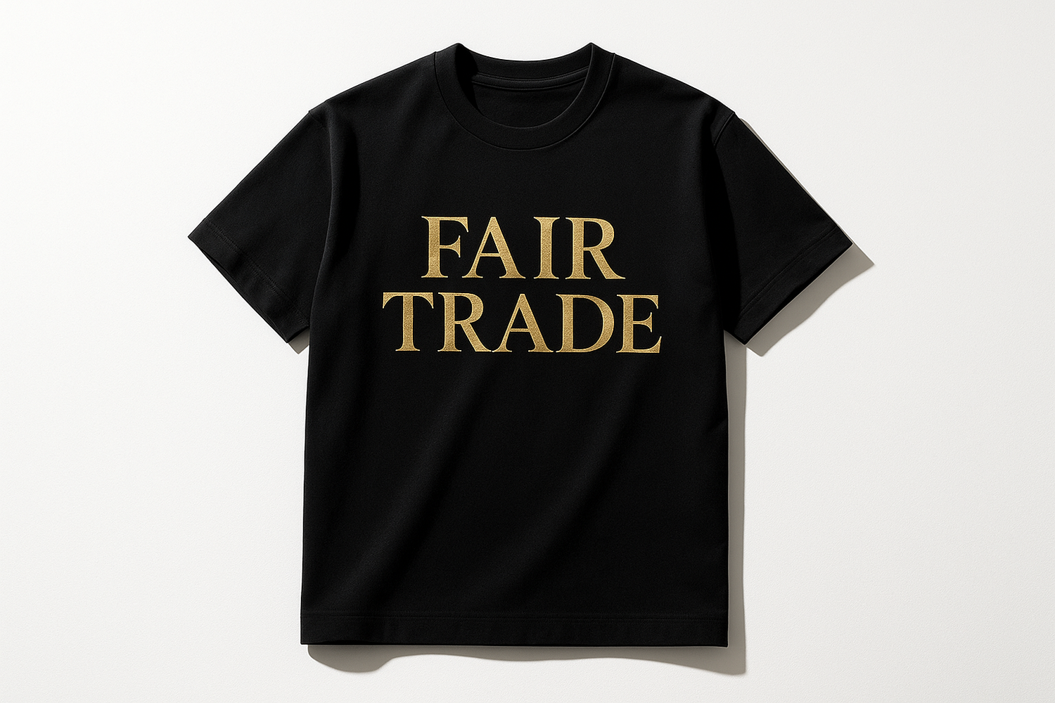 A premium black streetwear t-shirt with "FAIR TRADE" text printed on it, displayed on a clean white background with dramatic lighting